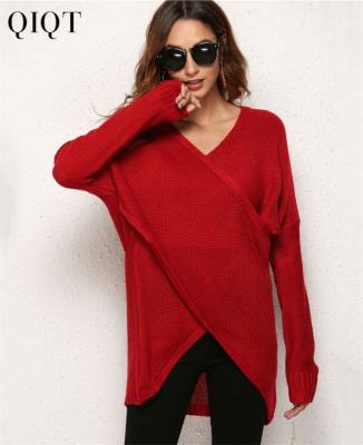 China 2021 Amazon Autumn Long Sleeved Anti-Wrinkle Simple Loose V-Neck Solid Color Sweater Shirt Women 2021 for sale