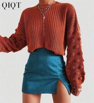 China Best Anti-wrinkle Design 2021 Fashion Puff Sleeve Knitted Pullover Short Sweater Pure Color Knitted Women for sale