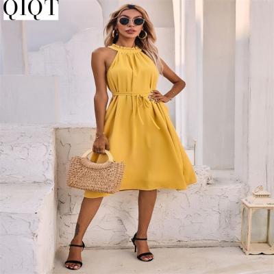 China 2022 Summer Solid Color Anti-Static SHINY Fashion Sleeveless Strapless Dress Long Ruffled High Waist Lace Up Dress for sale