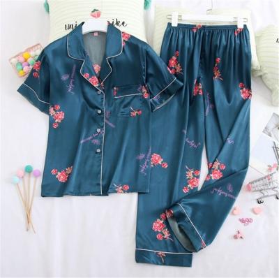 China Summer QUICK DRY SHINY ice silk new arrival geometric printing short sleeve pajamas sets nightgown for women for sale