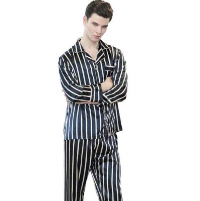 China Wholesale QUICK DRY SHINY Autumn Men Stand Neck Button Striped Pajamas Satin Sleepwear Set Homewear for sale