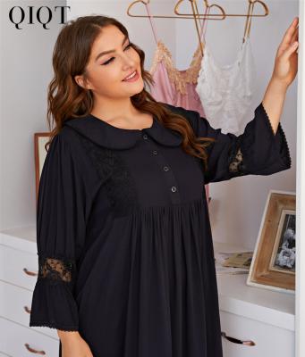 China Amazon Breathable 2021 Autumn Plus Size Nightdress Lapel Collar Lace Home Wear Dress Black Women Summer for sale