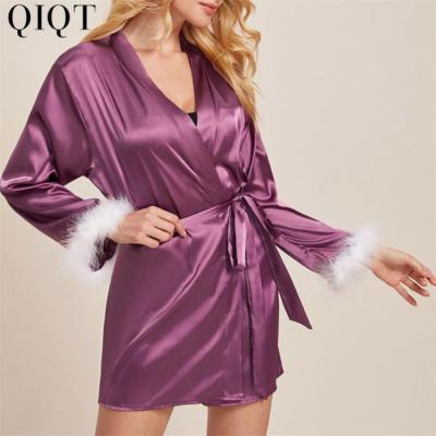 China 2021 Newest Design Breathable Luxury Silk Cardigan Lace Dressing Gown Solid Color Sleeve Pajamas Women Long for sale