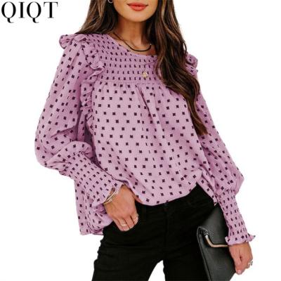 China Ruffled Dot Chiffon Style Summer Autumn T-shirt Women Shirt Anti-wrinkle Lantern Sleeve Polka Pastoral Top 1080411F 2021 for sale