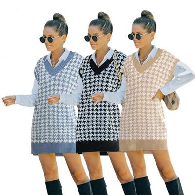 China Lowest Price Anti-wrinkle 2022 Spring College Style Knitted Vest Sleeveless Houndstooth Sweater Women for sale