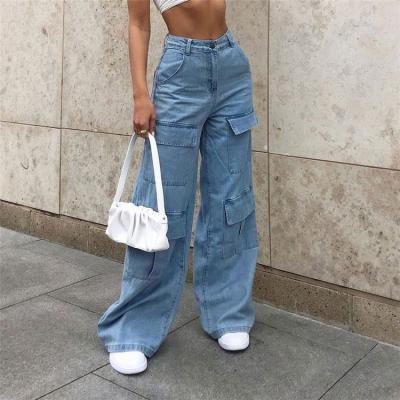 China Latest Design Breathable Washed Big Pockets Loose Solid Color High Waist Straight Women Jeans Pants for sale