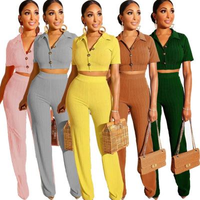 China Anti-pilling Amazon Knitted Ribbed Short Top Straight Leg Pants Casual Women Two-Piece Solid Color Suit for sale