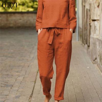 China Anti-pilling wholesale SHINY Autumn Casual Solid Color Long Sleeved Harem Fabric Canvas Women's Clothing Top Two-Piece Set Pants for sale