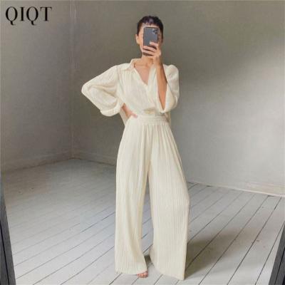 China Lowest price SHINY pure color anti-pilling pleated chiffon fabric blouse wide leg pants elegant two piece set set for women for sale