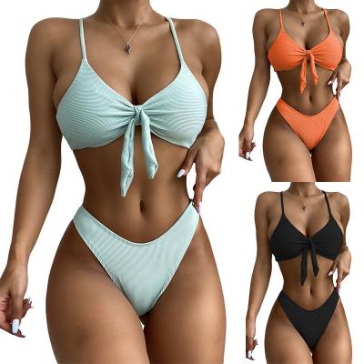 China Factory Wholesale Solid Color Bowknot Plus Size Swimwear Beach Suits Rib Cloth Twe Pieces Cute Teen Bikini Set Lift Up Women Bikini for sale