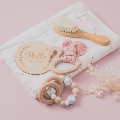 China Soft Toy Customized Newborn Baby Products Teething Teether Gift Set Toy Milestone Rattle Baby Bathing Toy Set for sale