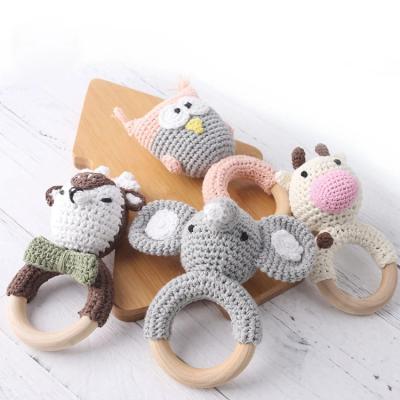 China Gift &Safety Soft Toy Baby Teether Sensory Toy Organic Cow Crochet Woodem Ring Natural for sale