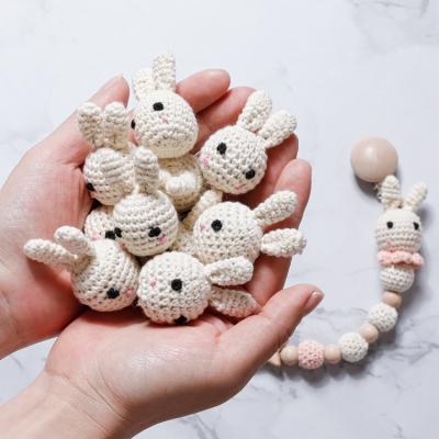 China Newest Natural Eco-Friendly Cotton Teether Bunny Soft Safe Wooden Bead Design Crochet Teething For Baby for sale