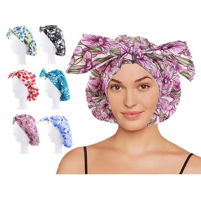 China New Image Printed Polyester Long Strip Shower Hats Quick-Drying Beauty Makeup Waterproof Reusable Hat Customized Hoods With Tie Bow for sale