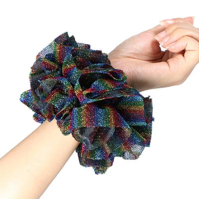 China Fashion Big Glitter Ruffled Hair Scrunchies For Women Girls Ponytail Holder Hair Buns Shiny Tow-Layer Flower Hair Ties for sale