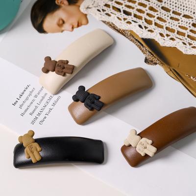 China 2021 Vintage Korean Sponge PU Leather BB Hair Clips Hair Accessories Fashion Vintage Bear Hair Clip Hairpin For Women Girls for sale