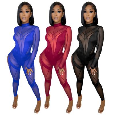 China QUICK DRY GM Fashion Patchwork Mesh Sheer Bodycon Jumpsuit Women Night Club Rompers Long Sleeve See Through Sexy Outfits Black Jumpsuits for sale