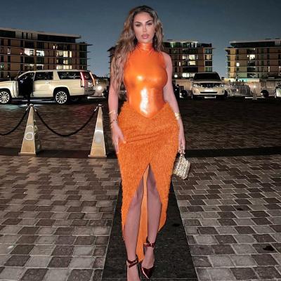 China Anti-Static GM 2023 Women Pu Leather Dress Women Mini Dress Tassel One Piece Party Club Orange Leather Dress for sale