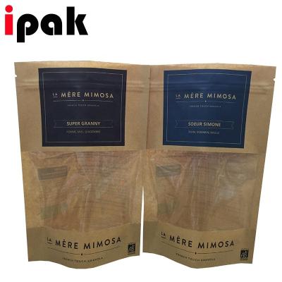 China BIODEGRADABLE Eco-Friendly Pla Bags 100% Compostable Recycle Natural Kraft Paper Stand Up Pouch With Window for sale