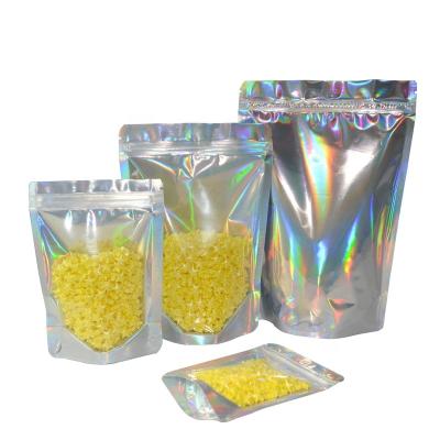 China Moisture Proof Back Up Hologram Mylar Pouch Foil Effect Bag Holograph Aluminum Foil Laser Side Clear Bags for sale