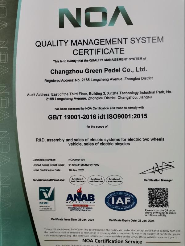 ISO9001 - Changzhou Green Pedel Co., Ltd.