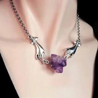 China Hot Selling Trendy Silver Plated Crystal Natural Stone Necklace Pendant Chain Purple Hand Design Silver Plated Necklace Newest For Women G for sale