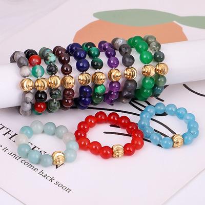 China Casual Handmade Natural Stone 4mm Copper Beads Elastic Rings Crystal Agate Rings For Women Adjustable for sale