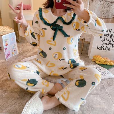 China Flannel New Winter Women's Pajamas Cute Flannel Apple Doll Collar Cartoon Sweater Home Suit Set QUICK DRY for sale