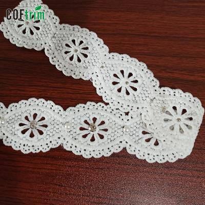 China Guangzhou Viable Factory High Quality Trim Cotton Lace Trim With Jewel Decoration For Clothing for sale