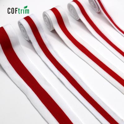 China Viable factory hot sale stock knit stripe webbing 100% polyester knit stripe ribbon white and red stripe for garment decoration for sale