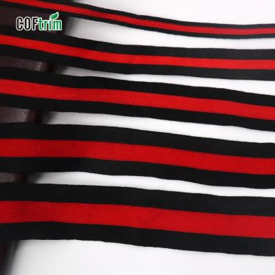 China Wholesale viable stock manufacture polyester soft knit tape black and red stripe webbing tape for apparel decoration for sale