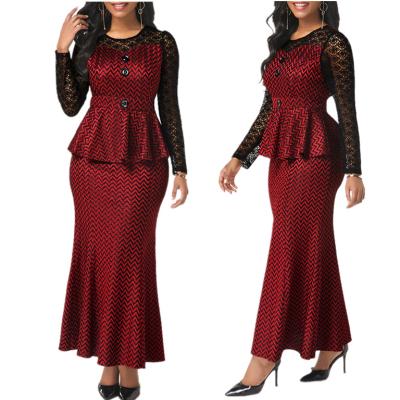 China New Arrivals Anti-Static Lace Up Stitching Two Piece Set High Waist Long Sleeve Ruffle Maxi Peplum Dress For Women for sale