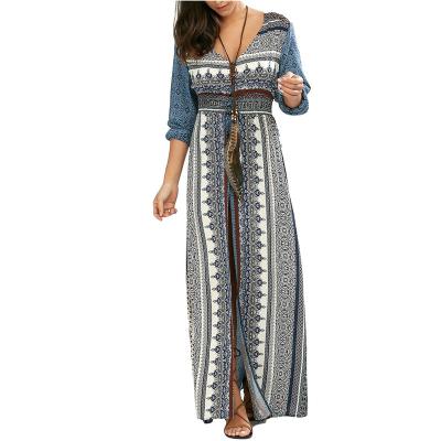 China Fashionable Anti-Static Flare Sleeve Boheme High Split Slim Ladies Printed Long Dress For Women for sale