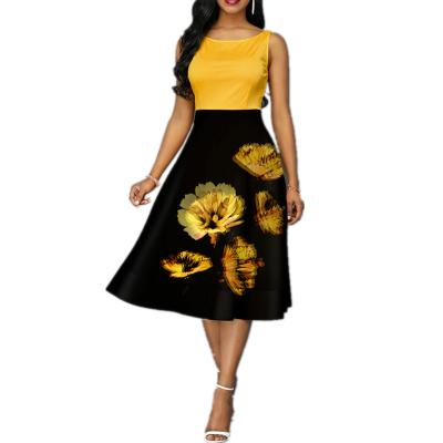 China Summer Anti-Static High Waist Patchwork Floral Print Sleeveless Midi Round Neck Slim Formal Ladies Swing Dresses for sale