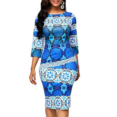 China Anti-Static Three Quarter 5xl Max Knee Length Printed Bodycon Plus Size Midi Elegant Casual Dresses For Women for sale