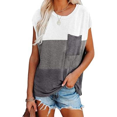 China Anti-Wrinkle Summer Women Short Sleeve Patchwork T-Shirts New Simple O Neck Striped Pocket Loose Casual Tops for sale