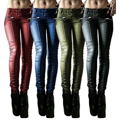 China Solid Color High Waist Anti-Wrinkle Rivet Rivet Pu Leather Sexy Long Pants Women Tight Slim Pants Wholesale for sale