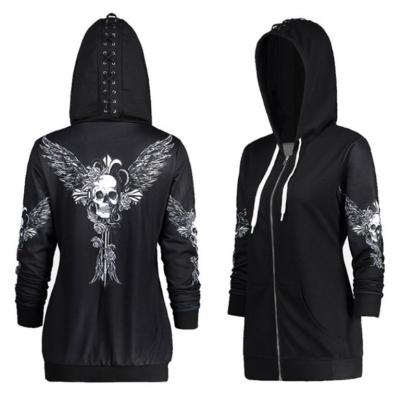 China Anti-wrinkle Spring Streetwear Skull Print Sweatshirt Punk Jacket Plus Size Drawstring Zipper Women's Hoodie Coat for sale