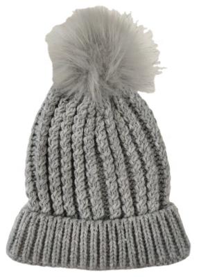 China Custom Leather Fleece Striped Winter JOINT Badge Rib Knitted Pompom Beanie Hat with Faux Fur Pom Pom for sale