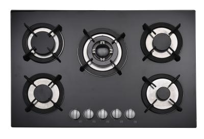 China Insert Black Gas Hob 5 Burner With Stainelss Steel / Tempered Glass Top for sale