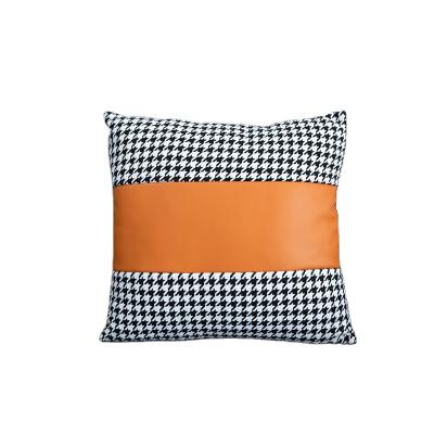 China Best Anti-Static Selling Luxury Nordic Style Yarn Dyed Jacquard Pillow + PU Fashion Single Cushion Leather Splicing Decorative Pillow for sale