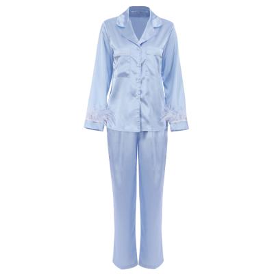 China Women QUICK DRY Sleepwear 2 Piece Set Real Ostrich Fur Feather Trimming Slap Detachable Silk Pajamas for sale