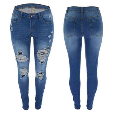 China Fashion Breathable Cheap Custom Made Blue Waist High Waist Skinny Women Long Ripped Jeans for sale