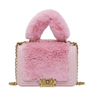 China High Quality Winter Fluffy Luxury Fashion Portable Square Cross Chain Clip Ladies Plush Tote Bag Fur Handbags Small - Body Woman Handbag for sale