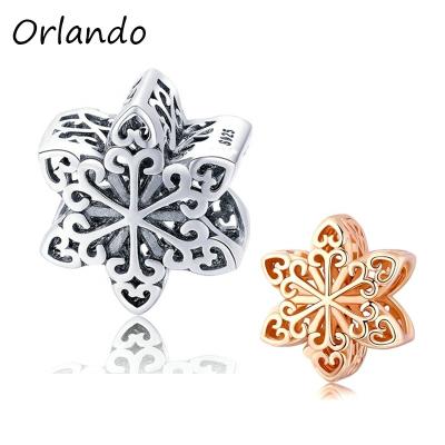 China 925 Sterling Silver Trendy Rose Gold Snowflake Charm Beads For Bracelet DIY Women Jewelry for sale