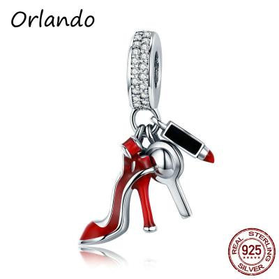 China S925 Sterling Silver Charm Sexy Red Lipstick Mirror High Heels FASHION Makeup Bracelet & Necklace Women DIY Pendant Fit Jewelry for sale