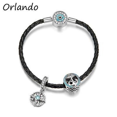 China FASHIONABLE Hot Sale 925 Sterling Silver Blue Beaded Charm Women's Black Leather Bangle Bracelet for sale