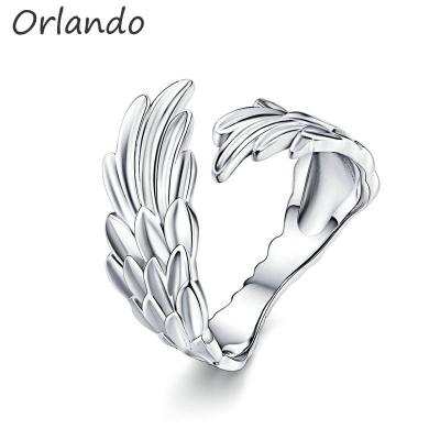 China Simple 925 Sterling Silver Split Ring Platinum-Plated Adjustable Feather Wings Ring Jewelry for sale