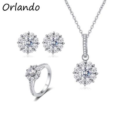 China New 925 Sterling Silver Europe Diamond Necklace Earrings Rings Women Wedding Bridal Three Piece Jewelry Set for sale