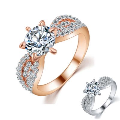 China CLASSIC Mosaic Diamond Zircon Setting Fork Engagement Rings Austrian Rose Gold 6 Crystals Wedding Rings Women Jewelry for sale